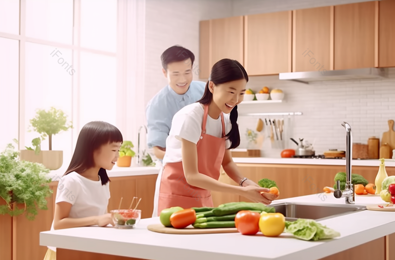 一家三口在厨房做饭,高清,摄影图,摄影图片,图片大全,摄影图免费下载